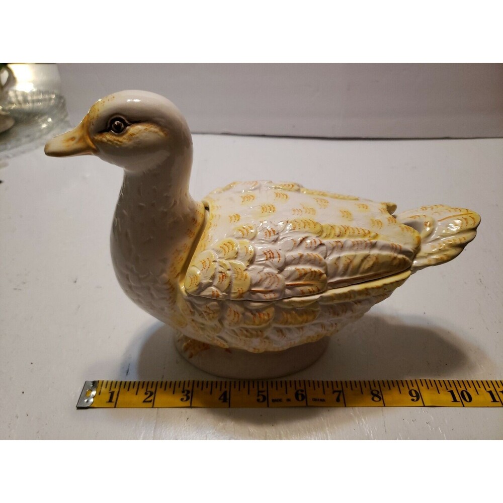 Ceramic glazed Duck lidded keepsake holder 10" Made In Italy White/ Yellow